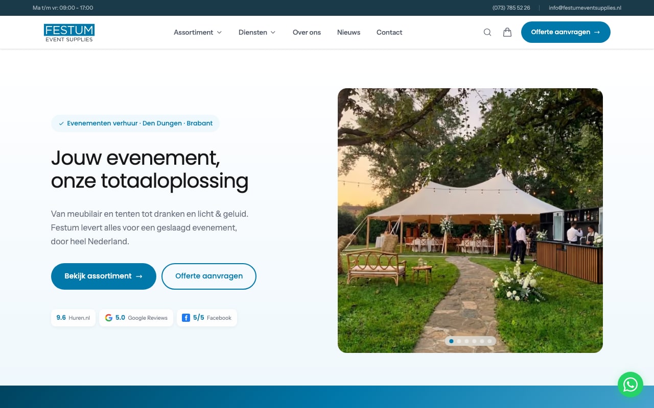 Een rustige scroll door de homepage van Festum Event Supplies