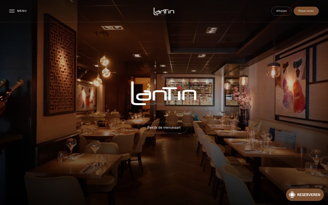 De live website van Lan Tin met de navigatie en een scroll door de homepage