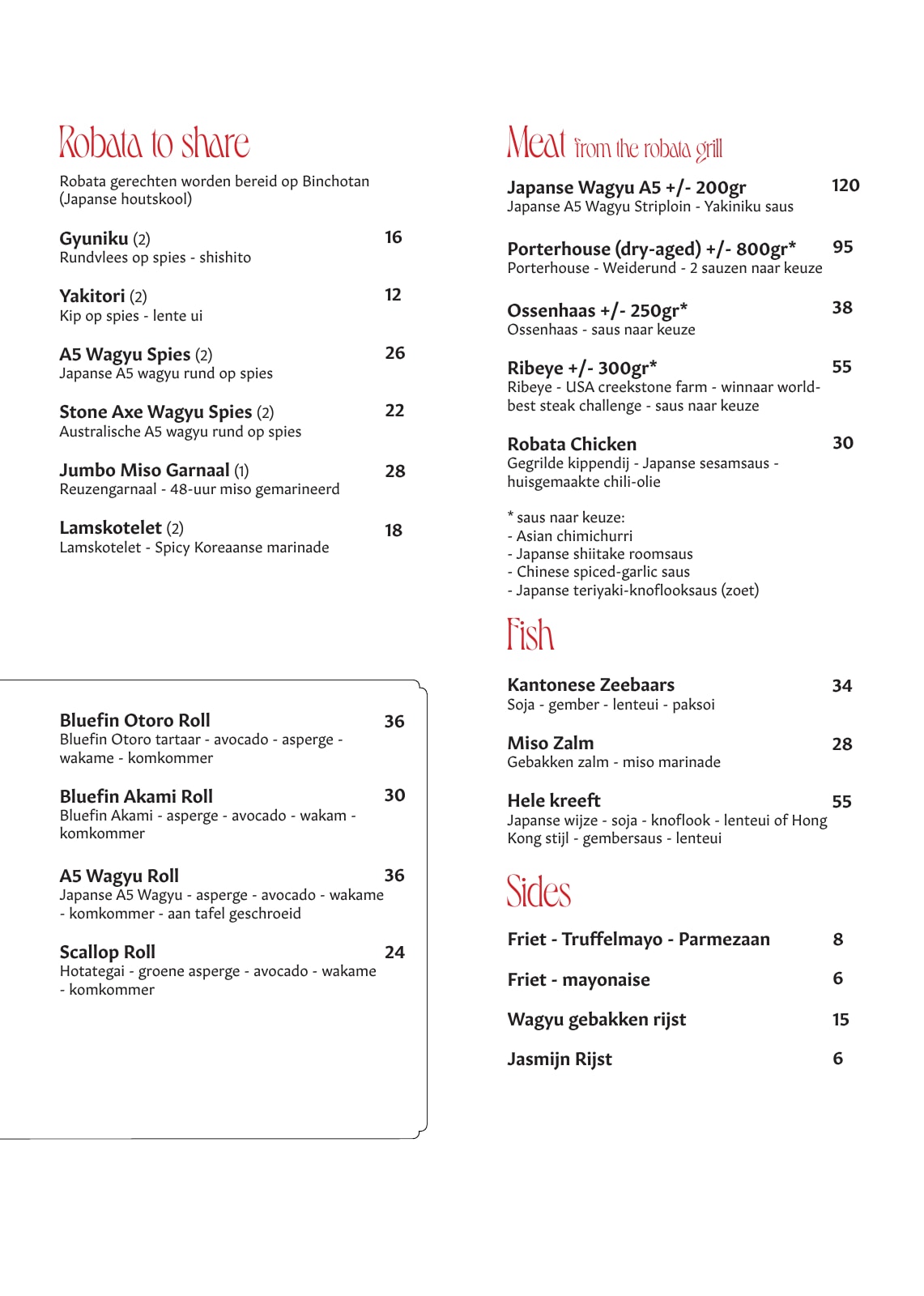 ROKU-menukaart, pagina 2: robata, vlees, vis en bijgerechten