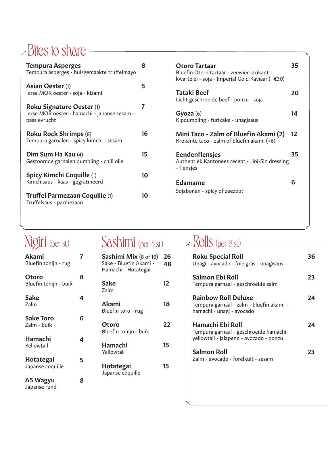 ROKU-menukaart, pagina 1: bites, sushi en sashimi