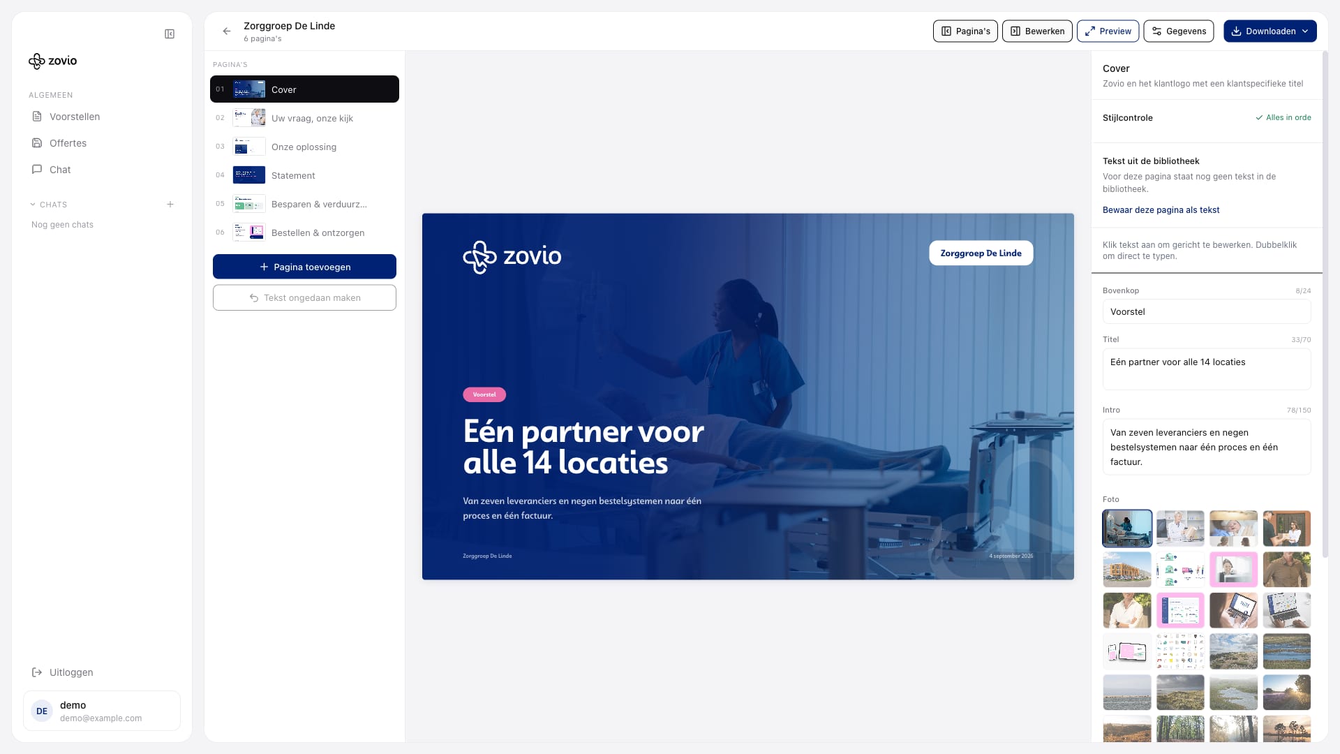 Het Zovio-voorstelplatform met fictieve voorbeeldgegevens