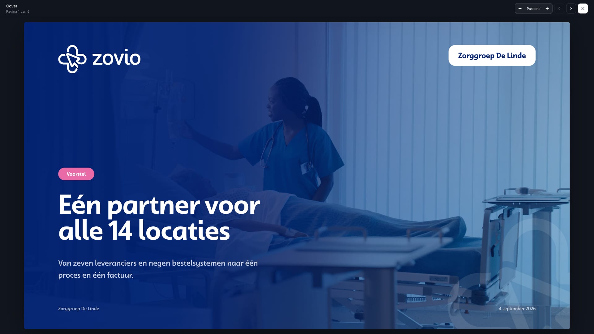 Een presentatie in de preview van het Zovio-voorstelplatform, met voorbeeldgegevens